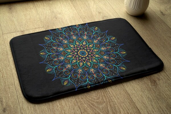Vloerkleed Gekleurde mandala op zwarte achtergrond