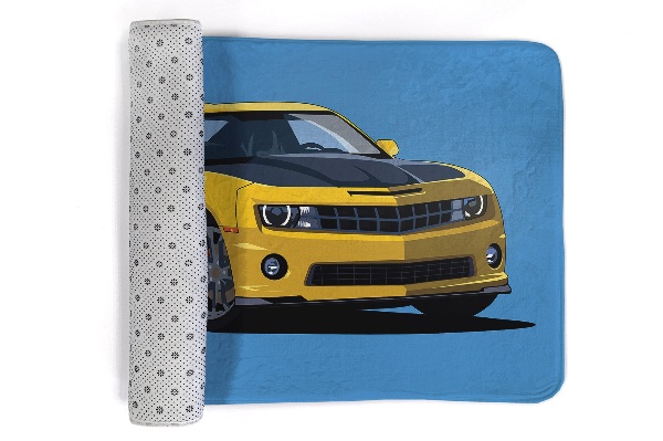 Kleed Gele sportauto op een blauwe achtergrond